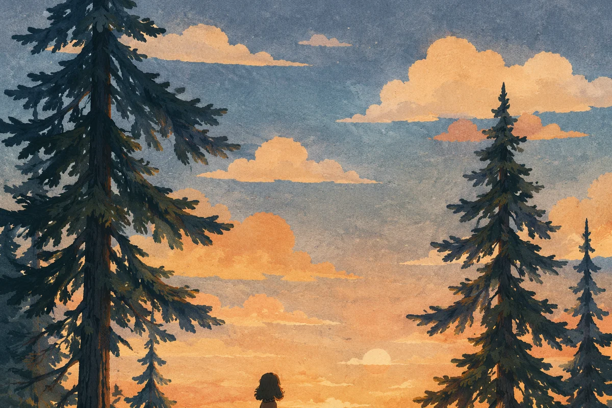 Silhouetted Prayer Among Evergreens at Sunset