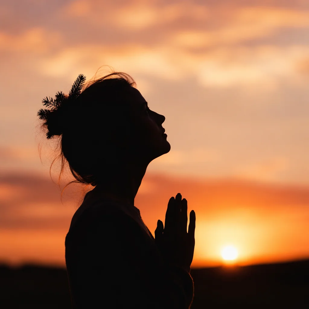 Praying Silhouette Beneath Golden Sunset Sky