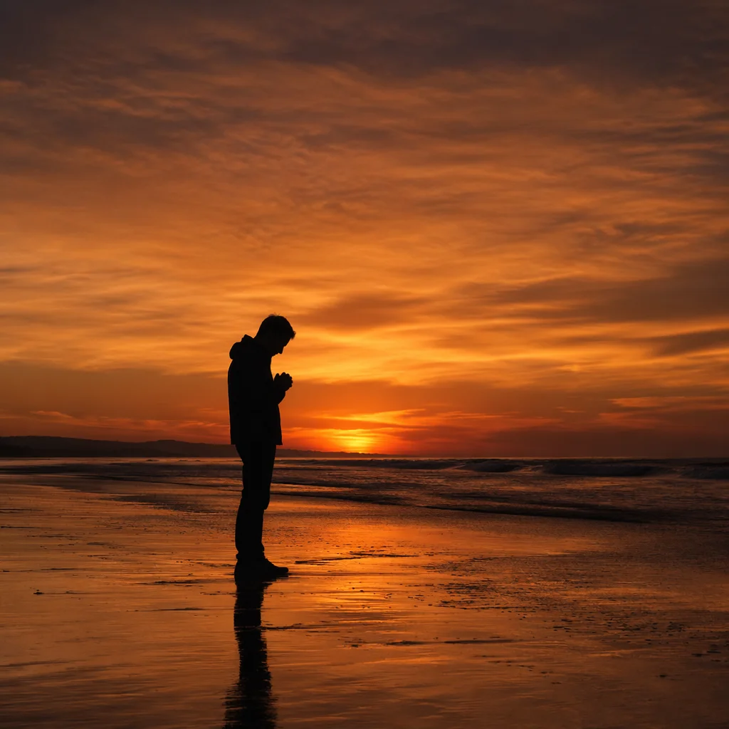 Silhouette Praying on Shoreline at Sunset