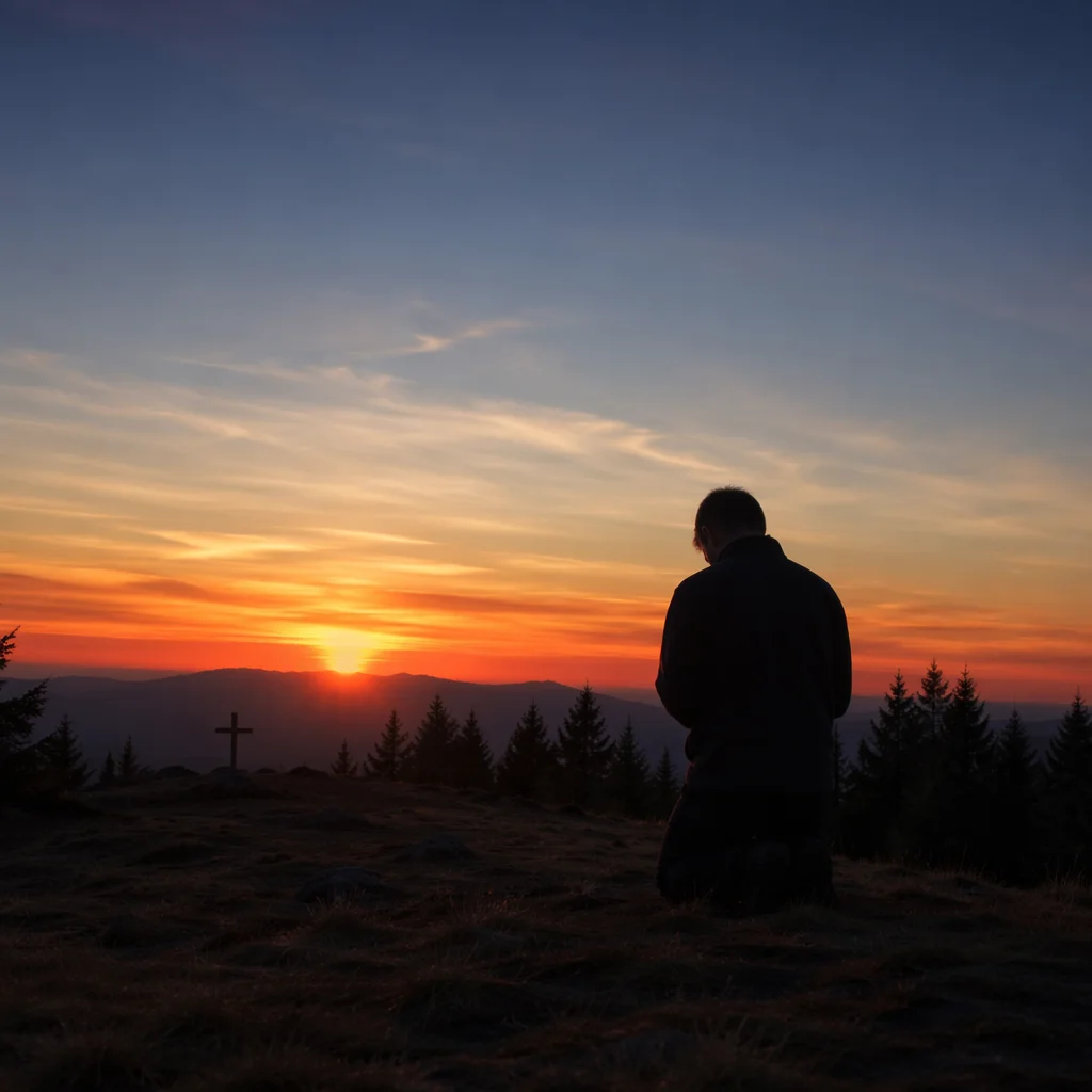 Silhouetted Prayer on Evergreen Sunset Hilltop