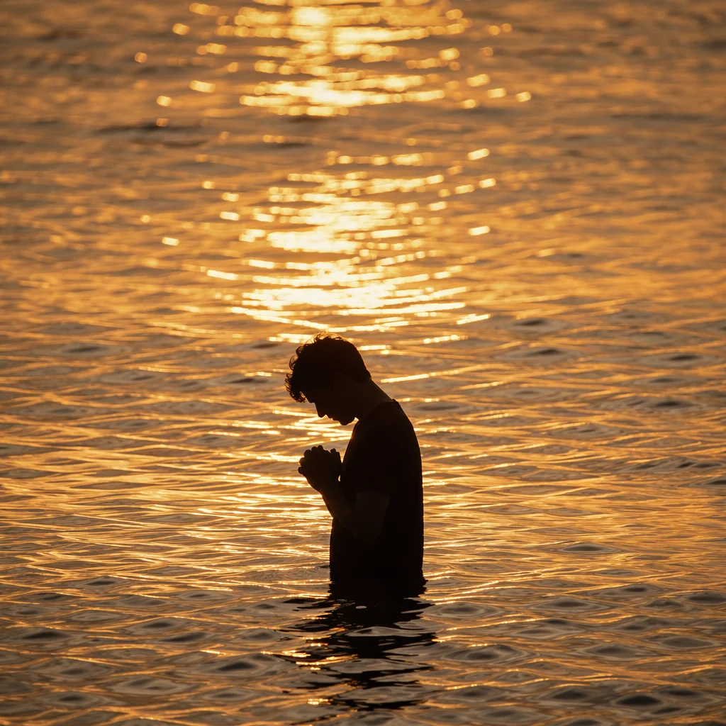 Silhouetted Prayer in Golden Sunset Water