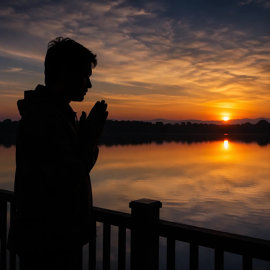 Silhouette Praying by Lakeside Sunset