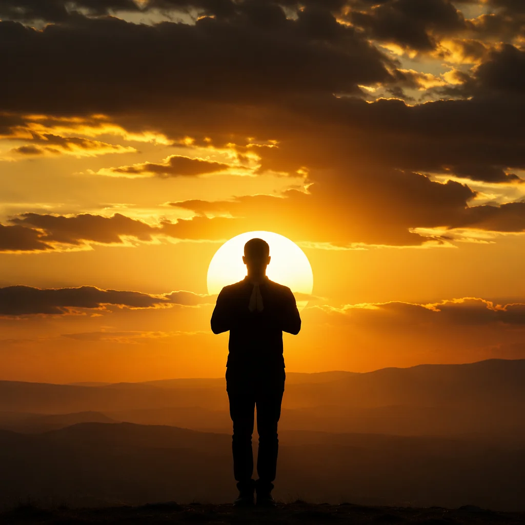 Praying Silhouette Against Golden Sunset