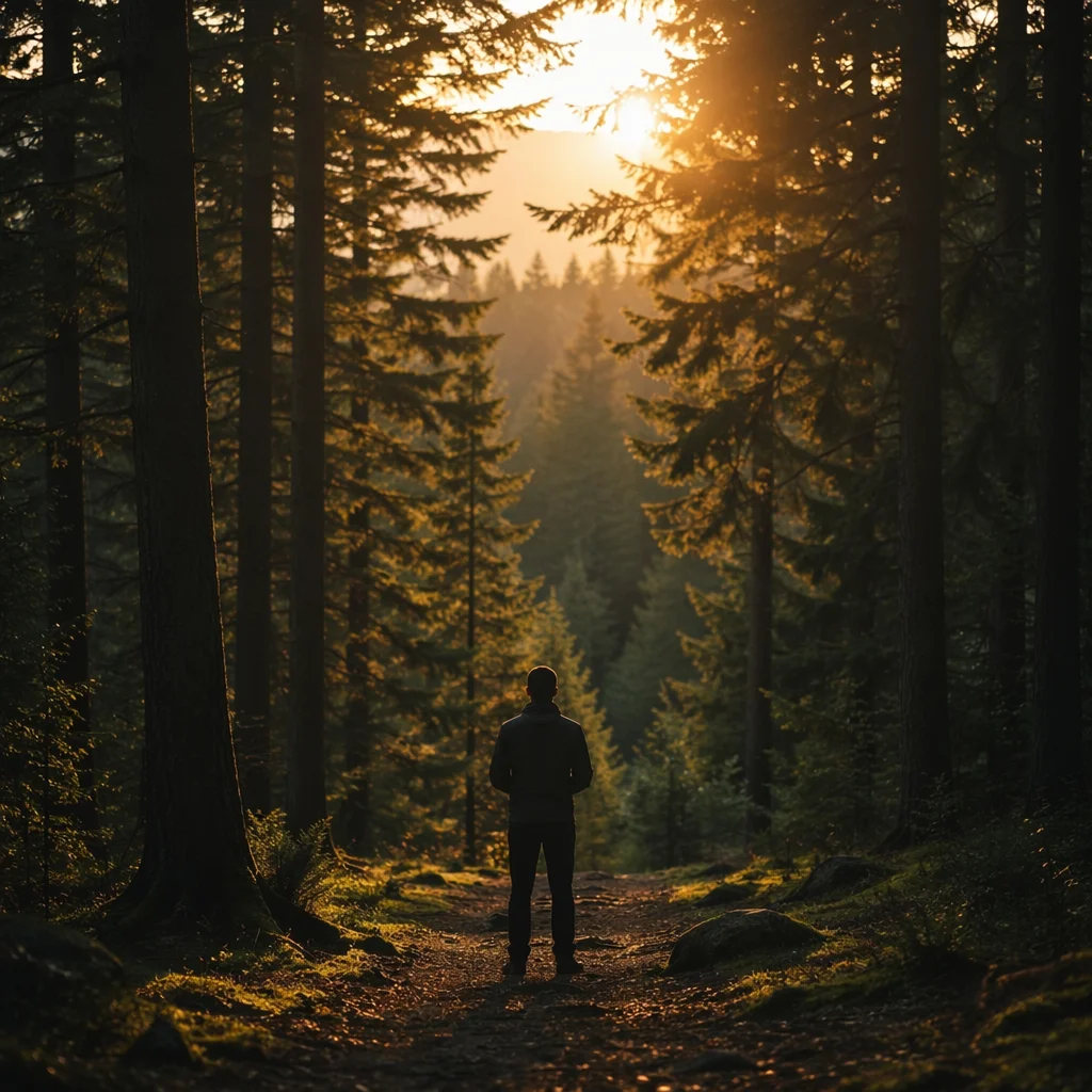 Silhouette Praying on Evergreen Forest Path