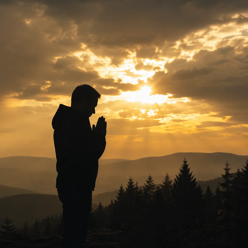 Silhouette Prayer at Golden Evergreen Sunset