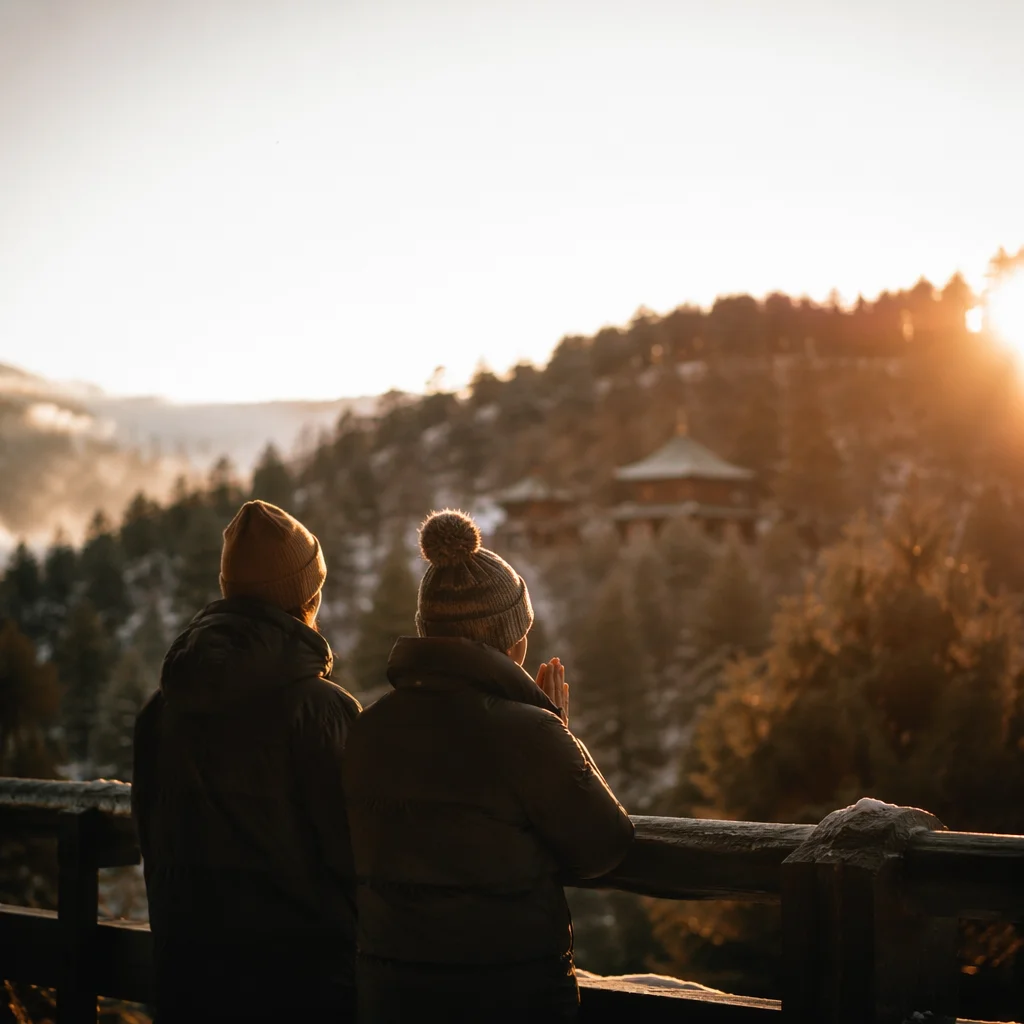 Silhouettes Praying at Winter Sunset Overlook