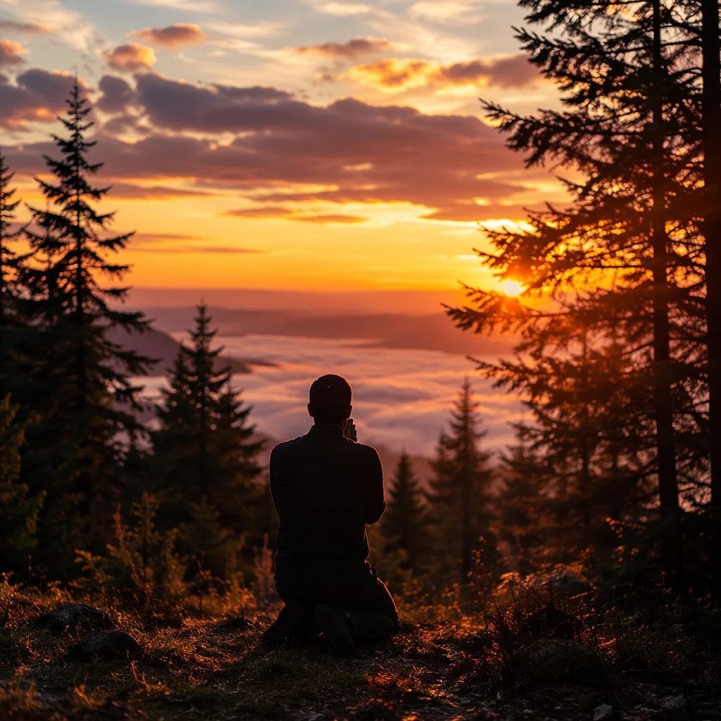 Silhouetted Prayer at Evergreen Sunset