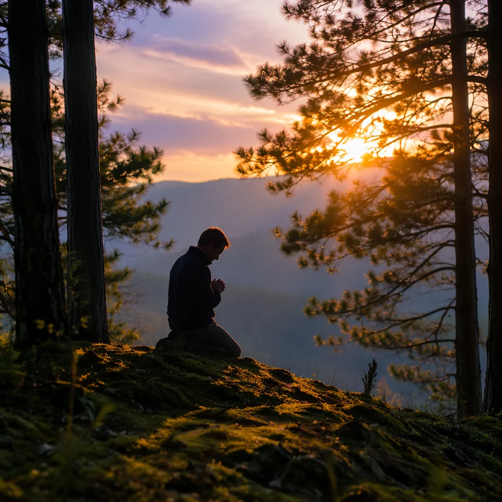 Praying Silhouette Beneath Sunset Evergreens