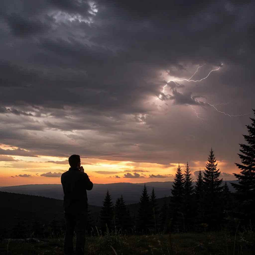Silhouette Praying Beneath Stormy Sunset Sky