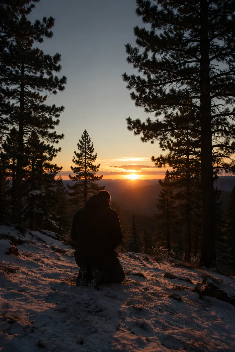 Silhouette Praying at Winter Sunset Ridge