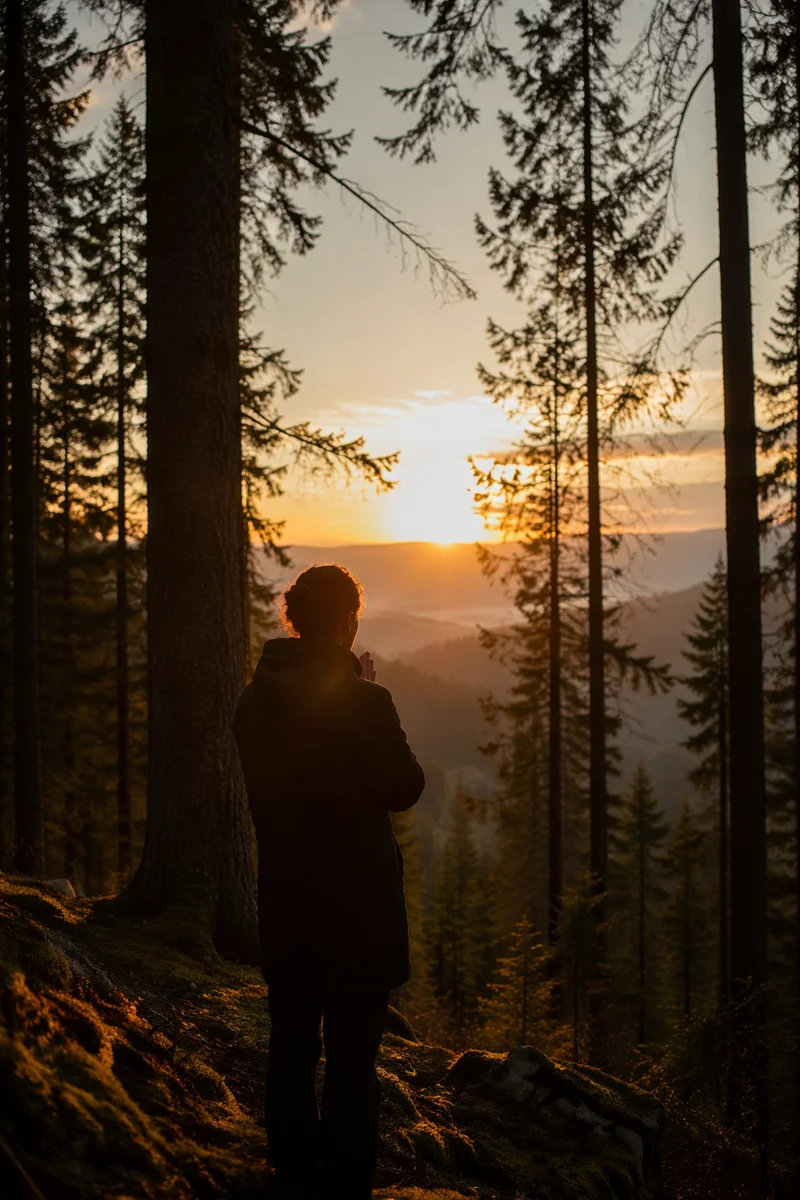 Silhouetted Prayer Among Evergreens at Sunset