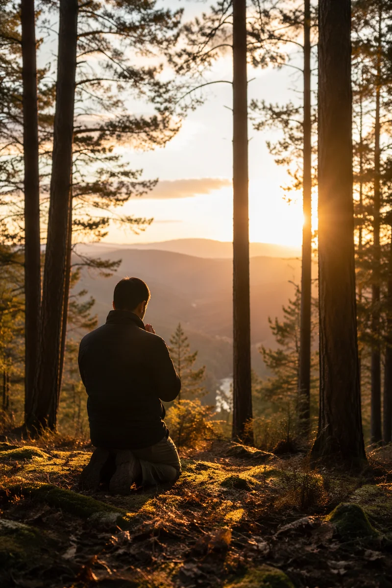 Silhouetted Prayer Among Sunset Evergreens