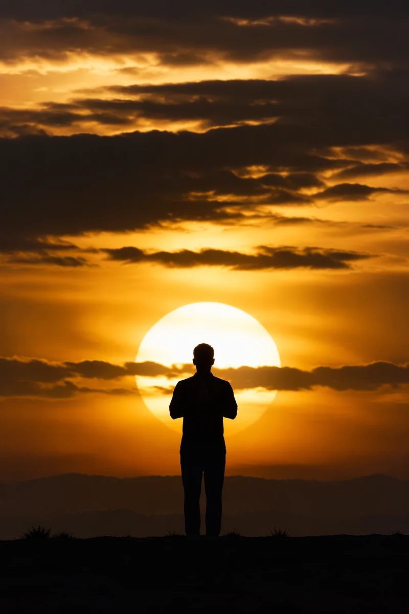 Praying Silhouette Beneath Golden Sunset Sky