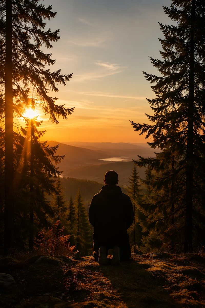Silhouette Praying at Evergreen Sunset