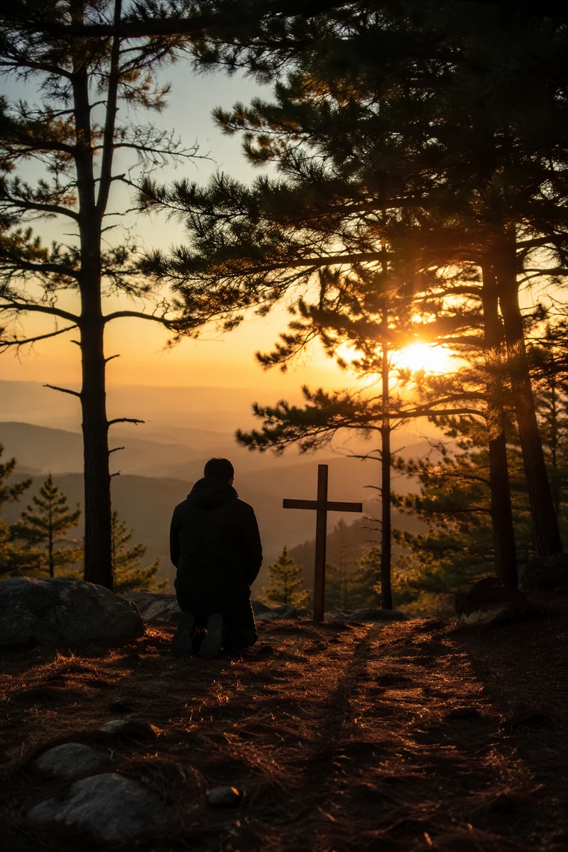 Silhouetted Prayer at Evergreen Sunset