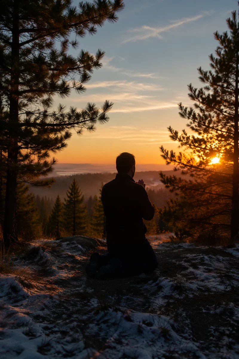 Silhouetted Prayer Beneath Evergreen Sunset