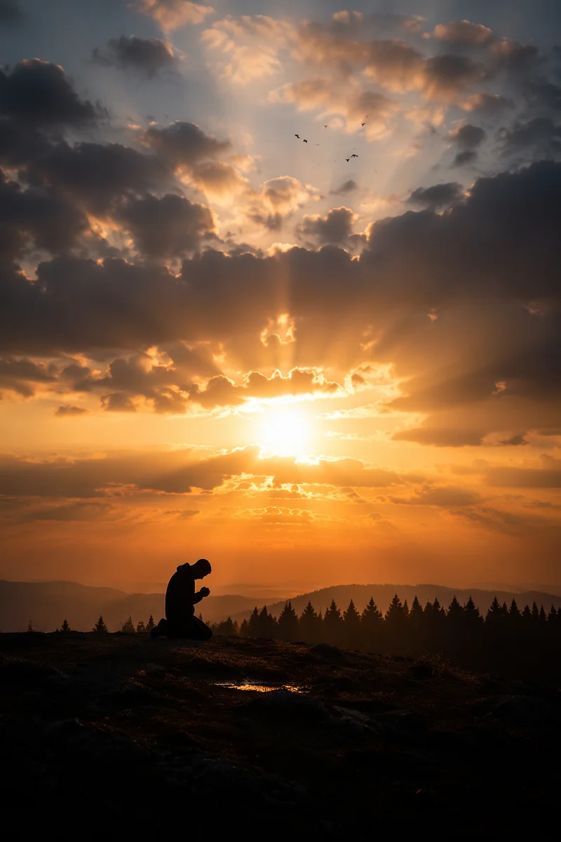 Silhouette Prayer at Sunset Over Evergreens