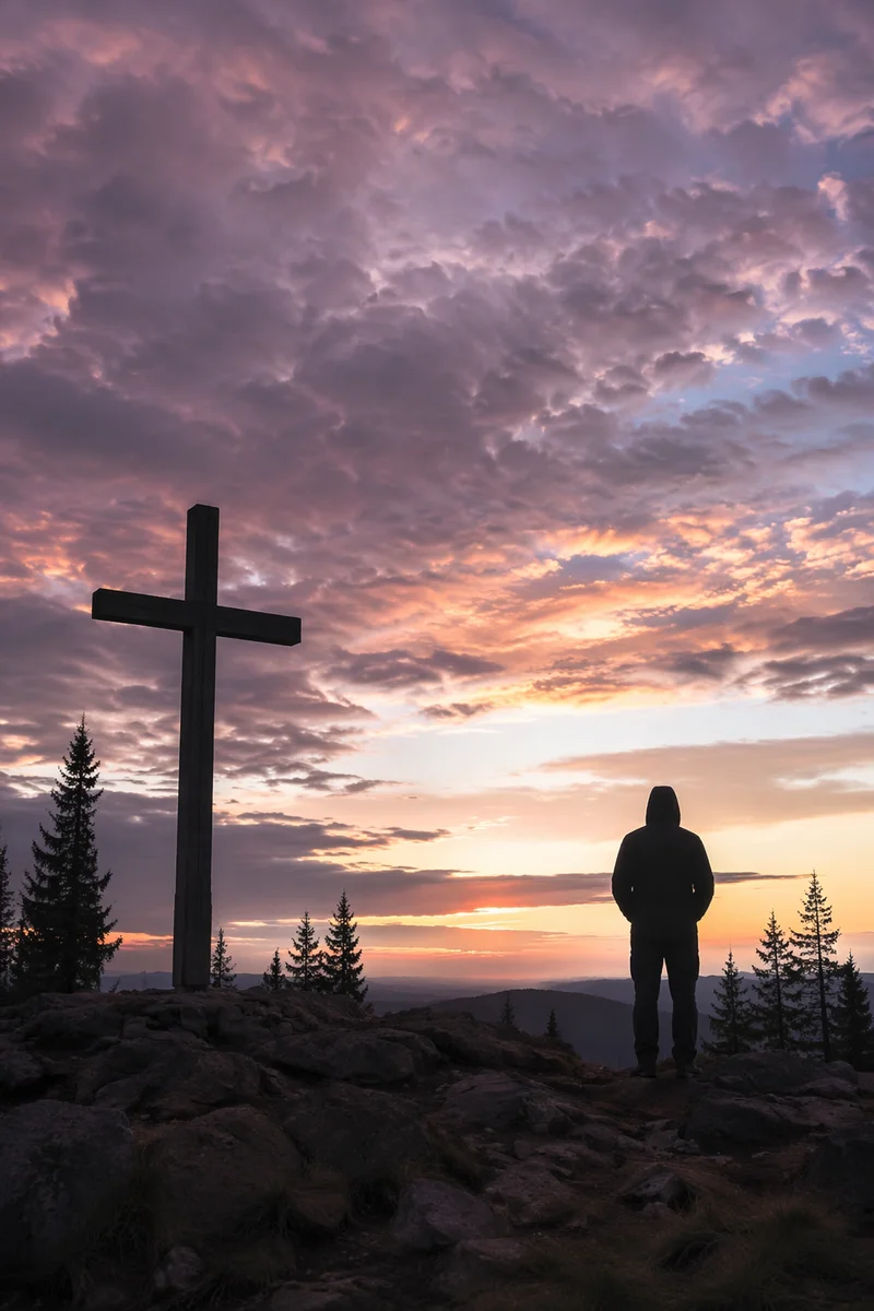 Praying Silhouette Beside Cross at Evergreen Sunset