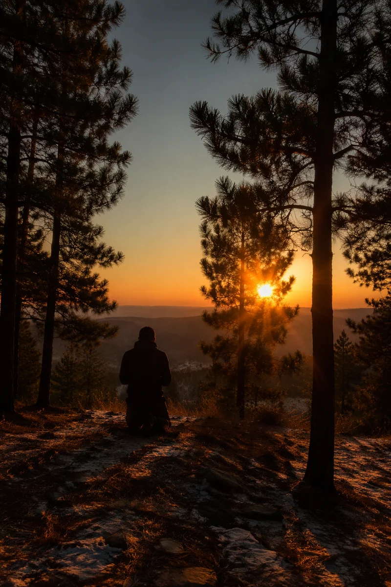 Silhouetted Prayer Among Evergreens at Sunset