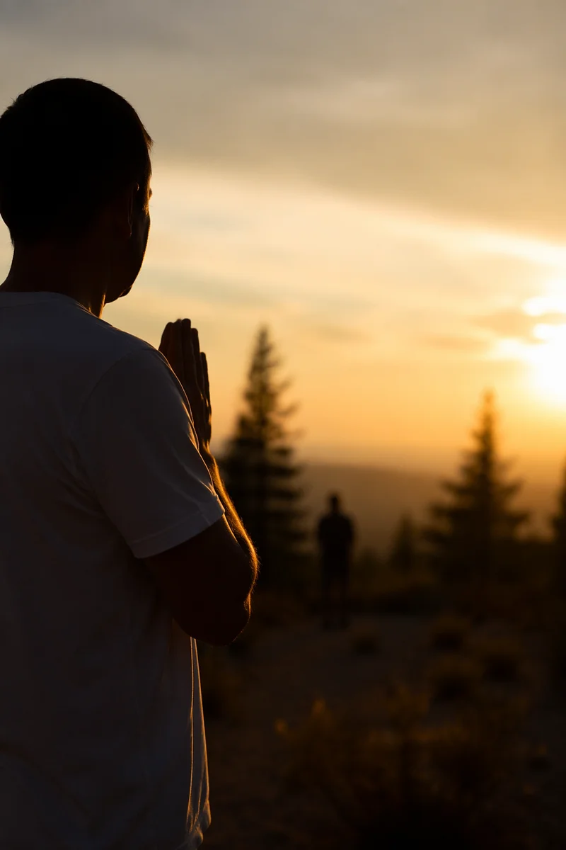 Silhouette Praying Before Evergreen Sunset