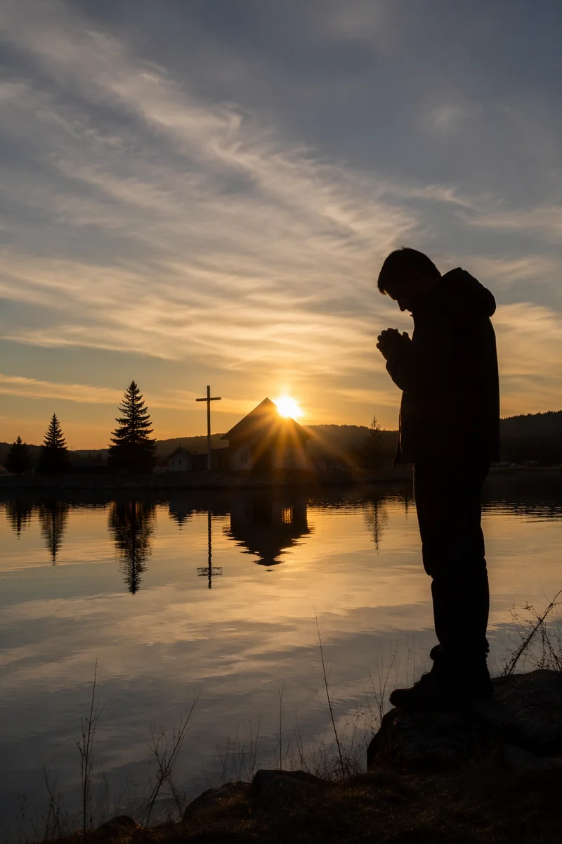 Silhouetted Prayer by Evergreen Lakeshore Sunset
