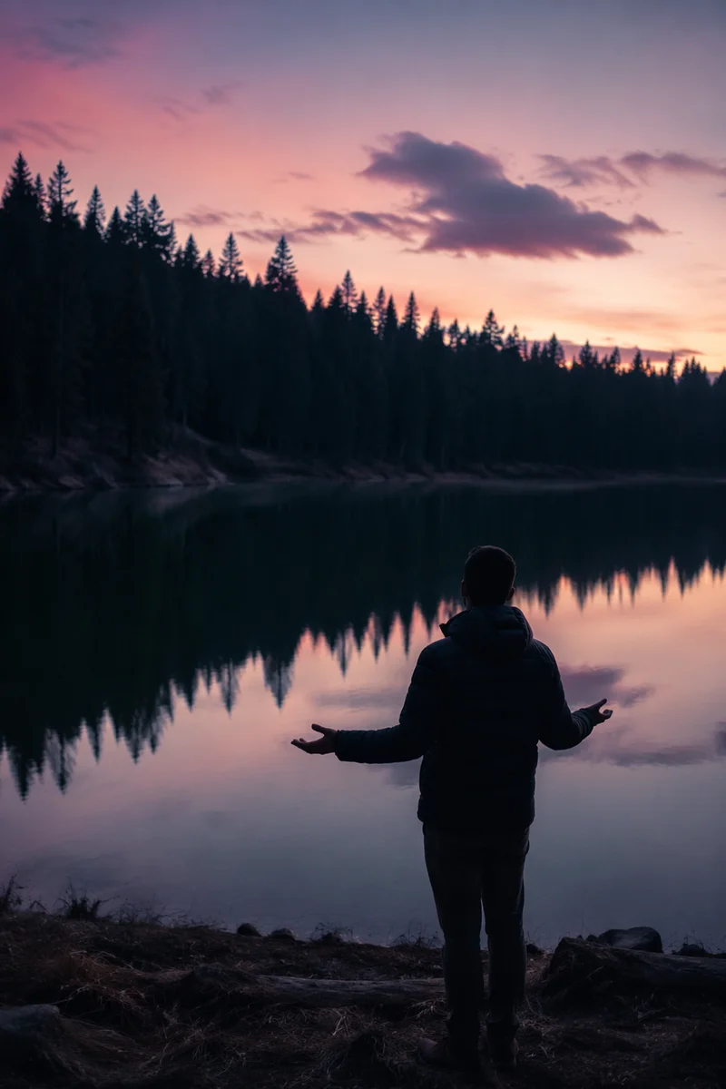 Silhouette Prayer by Evergreen Lake at Sunset