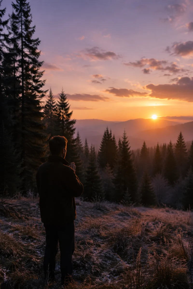 Silhouetted Prayer at Evergreen Sunset