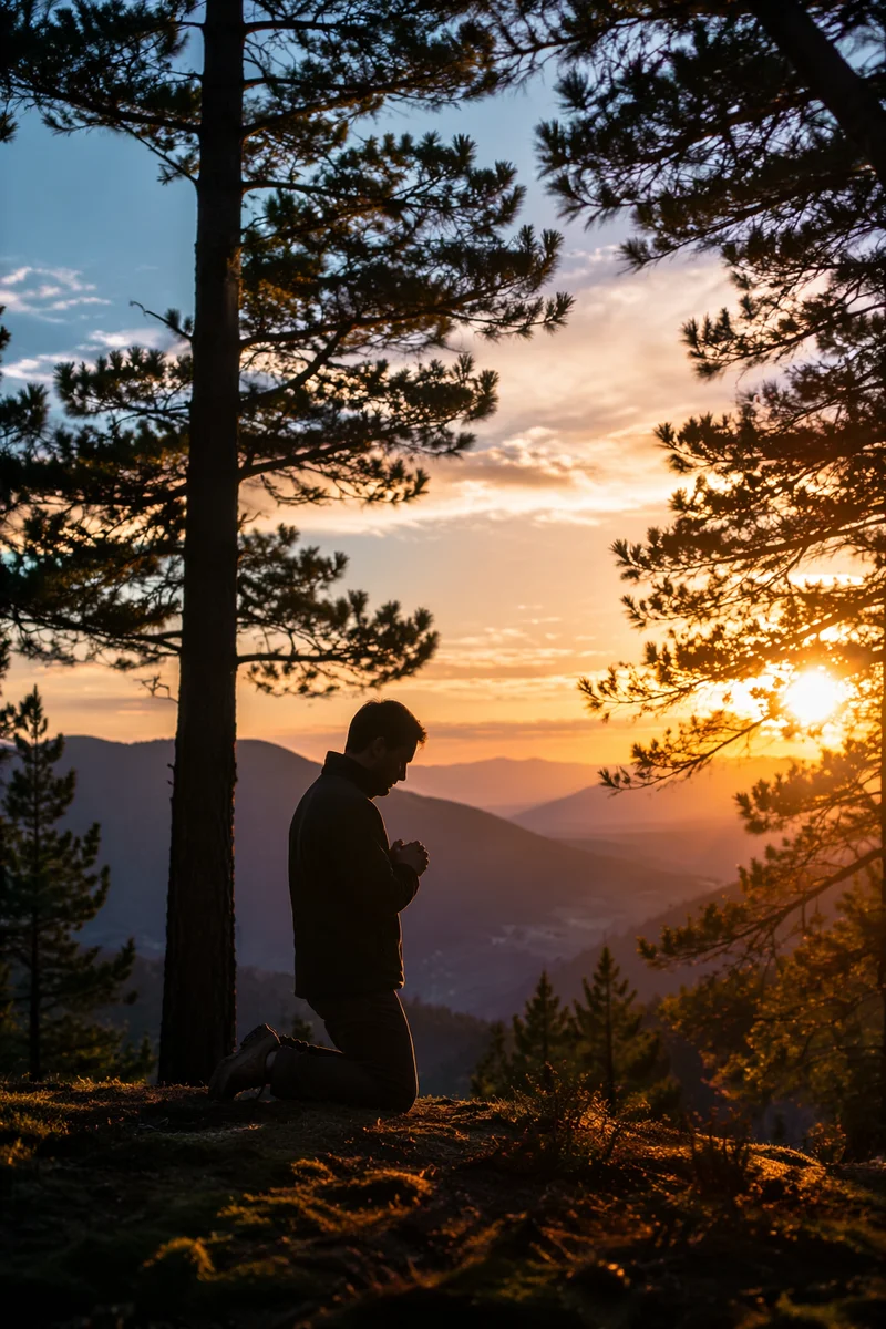 Praying Silhouette Beneath Evergreens at Sunset