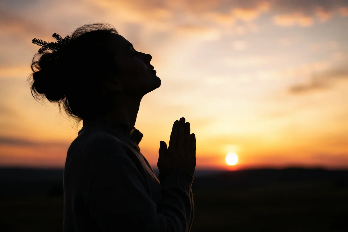 Sunset Prayer Silhouette with Evergreen Sprigs