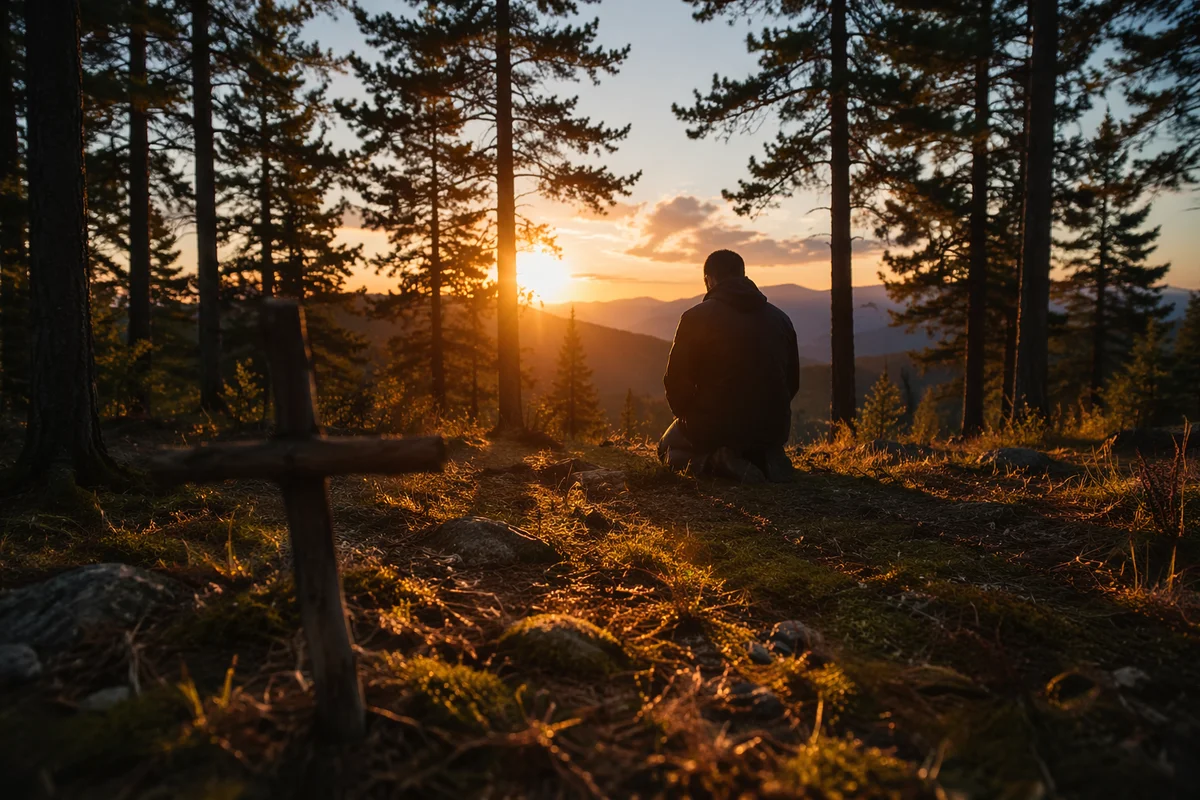 Silhouette Praying at Sunset Among Evergreens
