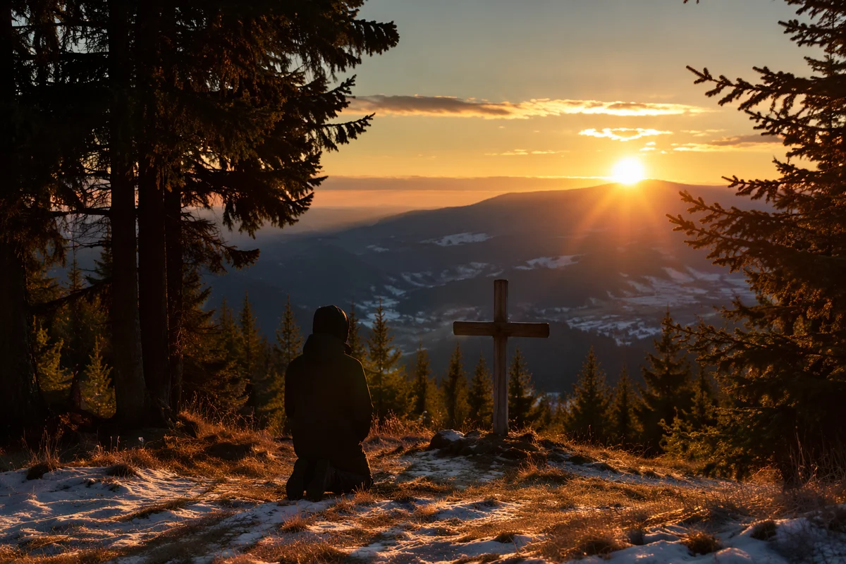 Silhouetted Prayer on Evergreen Hillside at Sunset