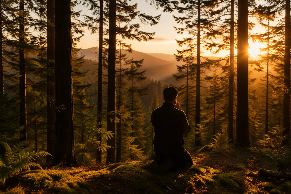 Silhouette Praying at Sunset in Evergreen Forest