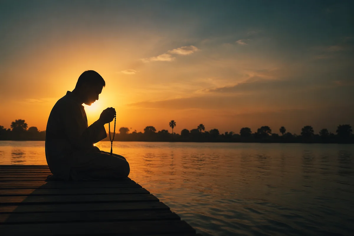 Praying Silhouette on Dock at Sunset