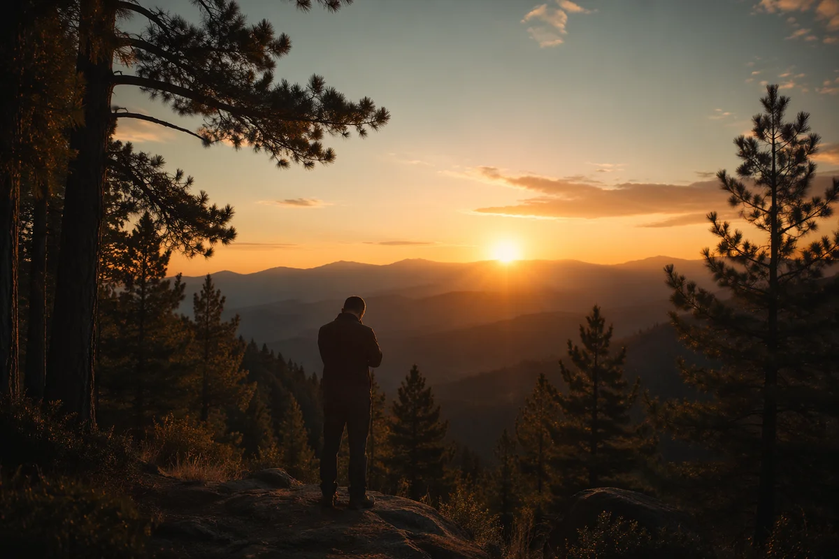 Silhouetted Prayer Among Evergreens at Sunset