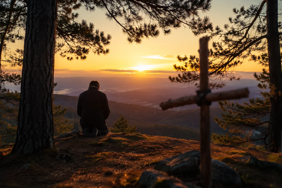 Silhouette Prayer at Sunset Among Evergreens