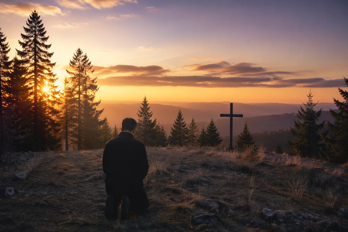 Silhouetted Prayer on Evergreen Hilltop at Sunset