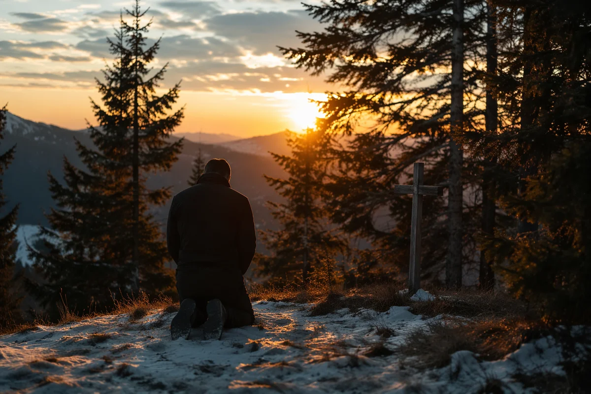Silhouetted Prayer at Evergreen Sunset