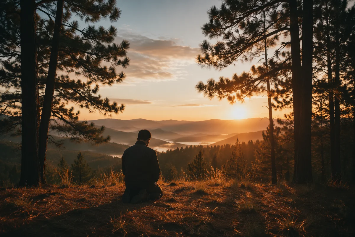 Silhouetted Prayer on Evergreen Sunset Hilltop