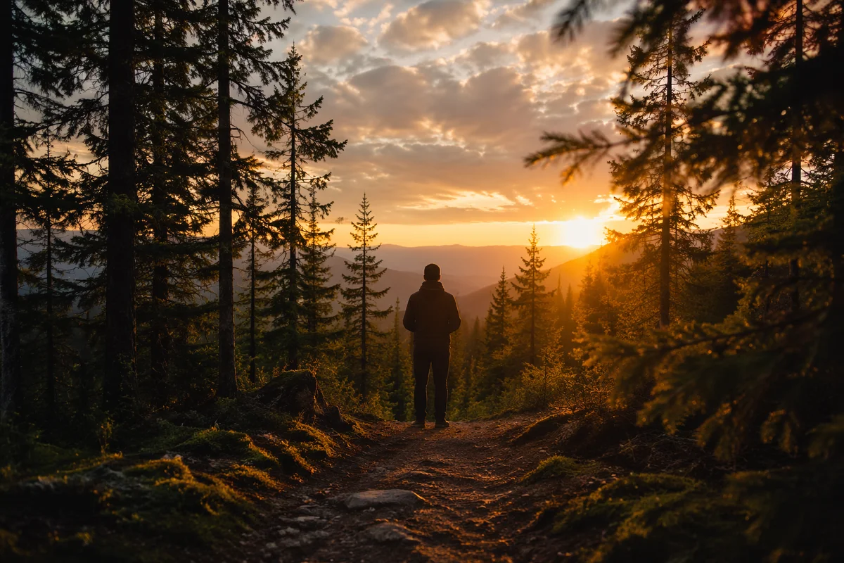 Silhouette Praying Among Evergreens at Sunset