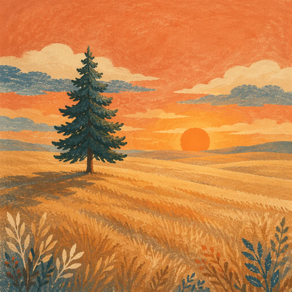 Lone Evergreen Tree in Golden Field