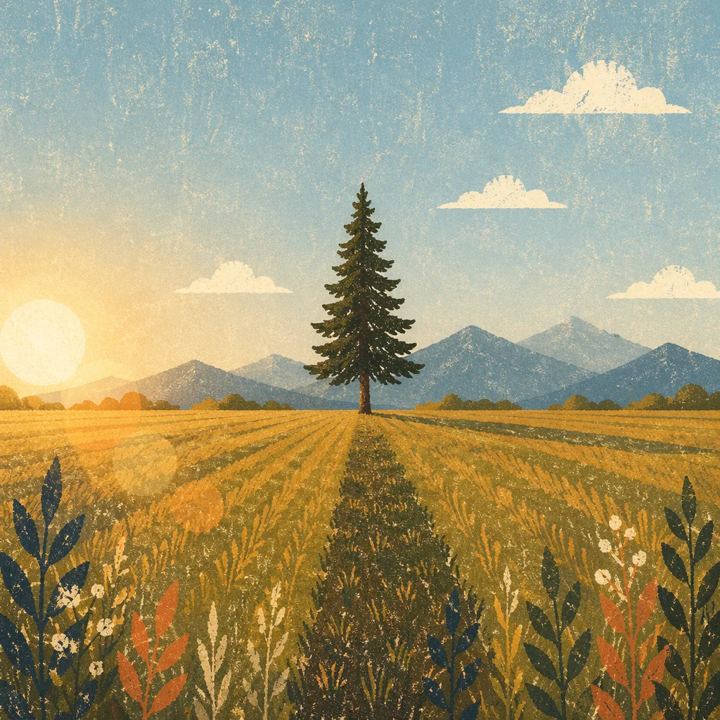 Solitary Evergreen in Golden Hour Field