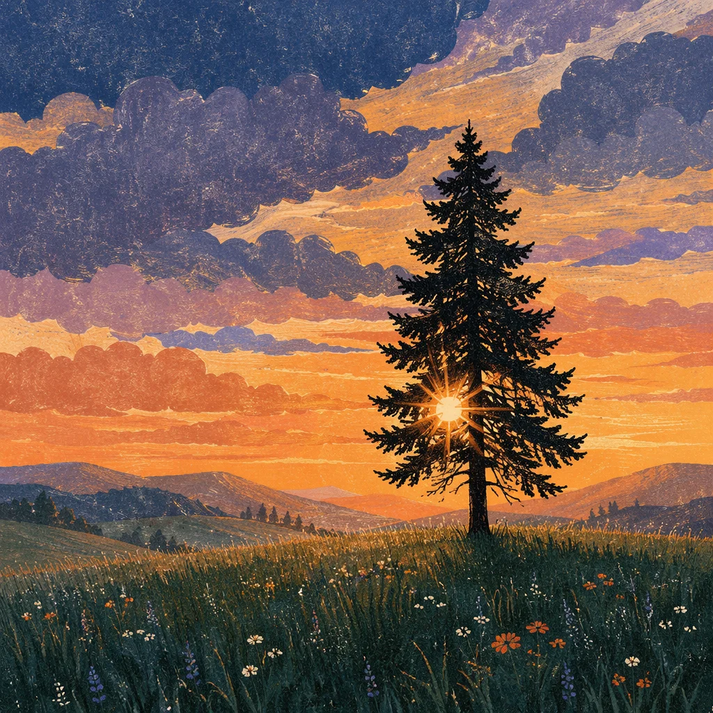 Solitary Evergreen Tree at Golden Hour