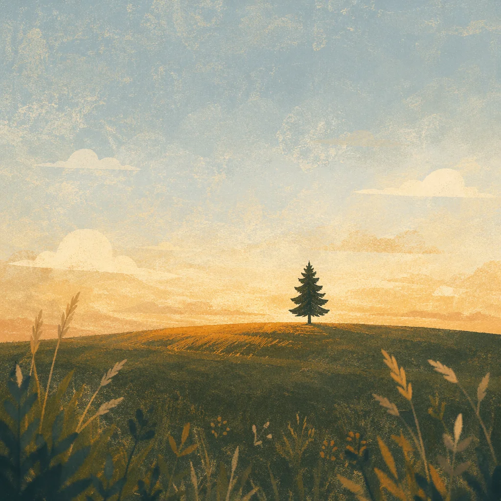 Solitary Evergreen Field at Golden Hour
