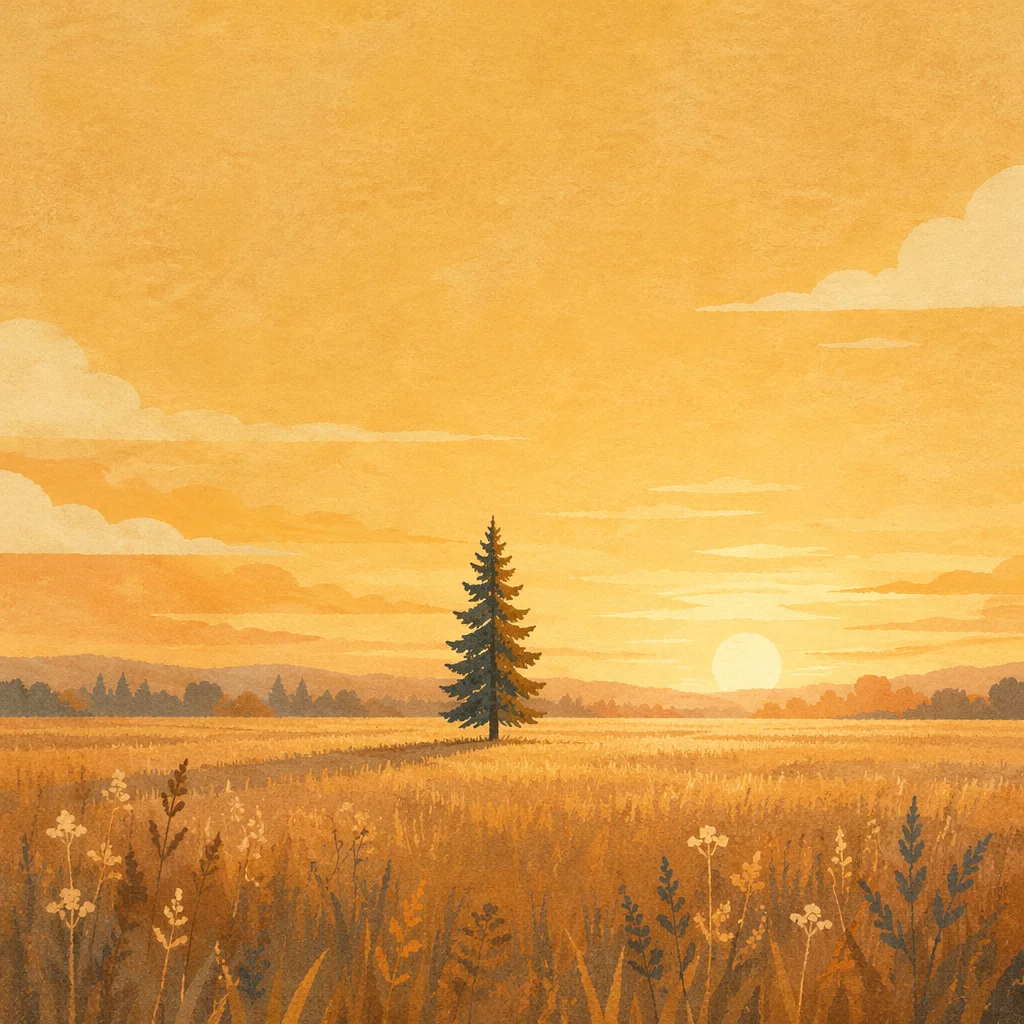 Solitary Evergreen Tree in Golden Meadow