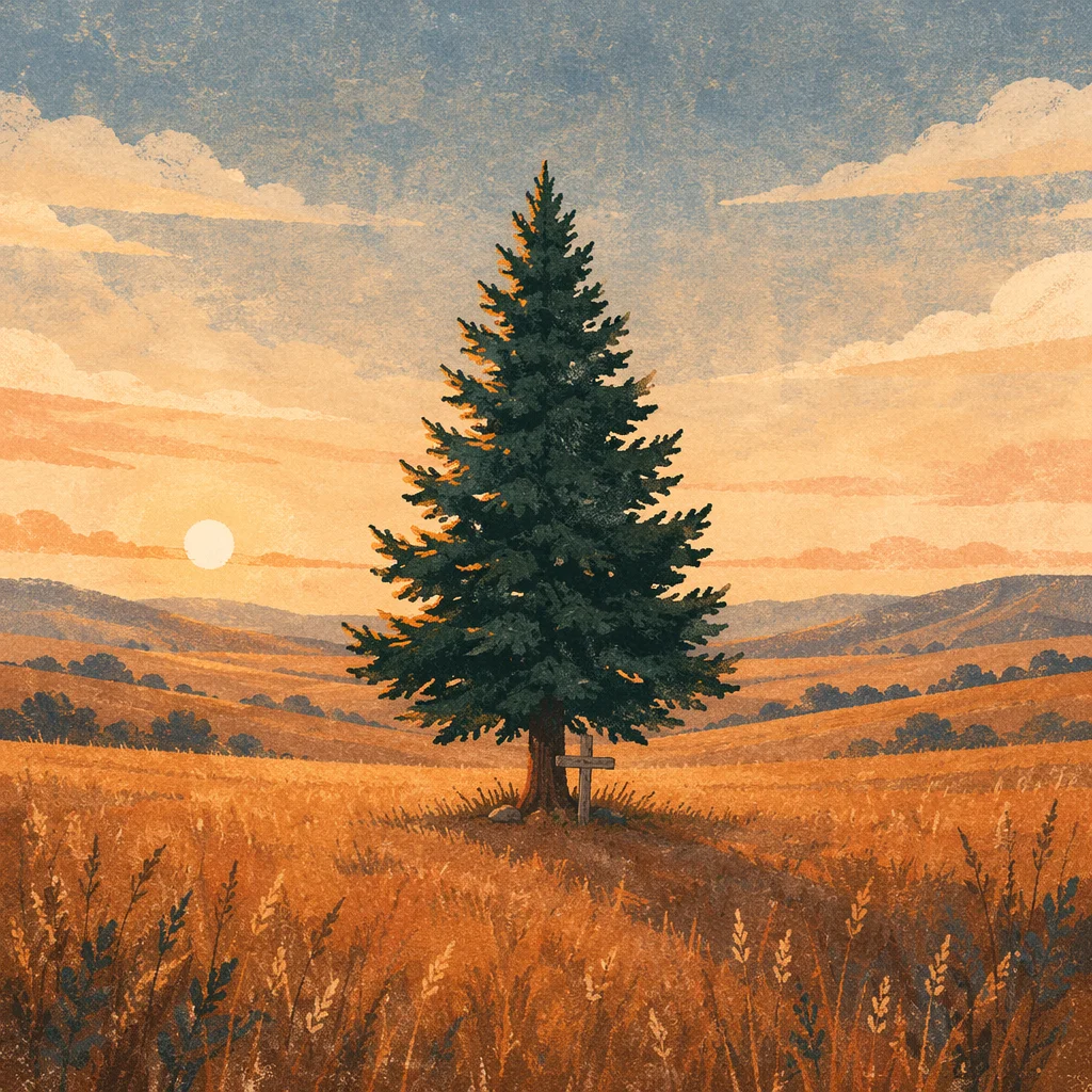 Solitary Evergreen in Golden Field