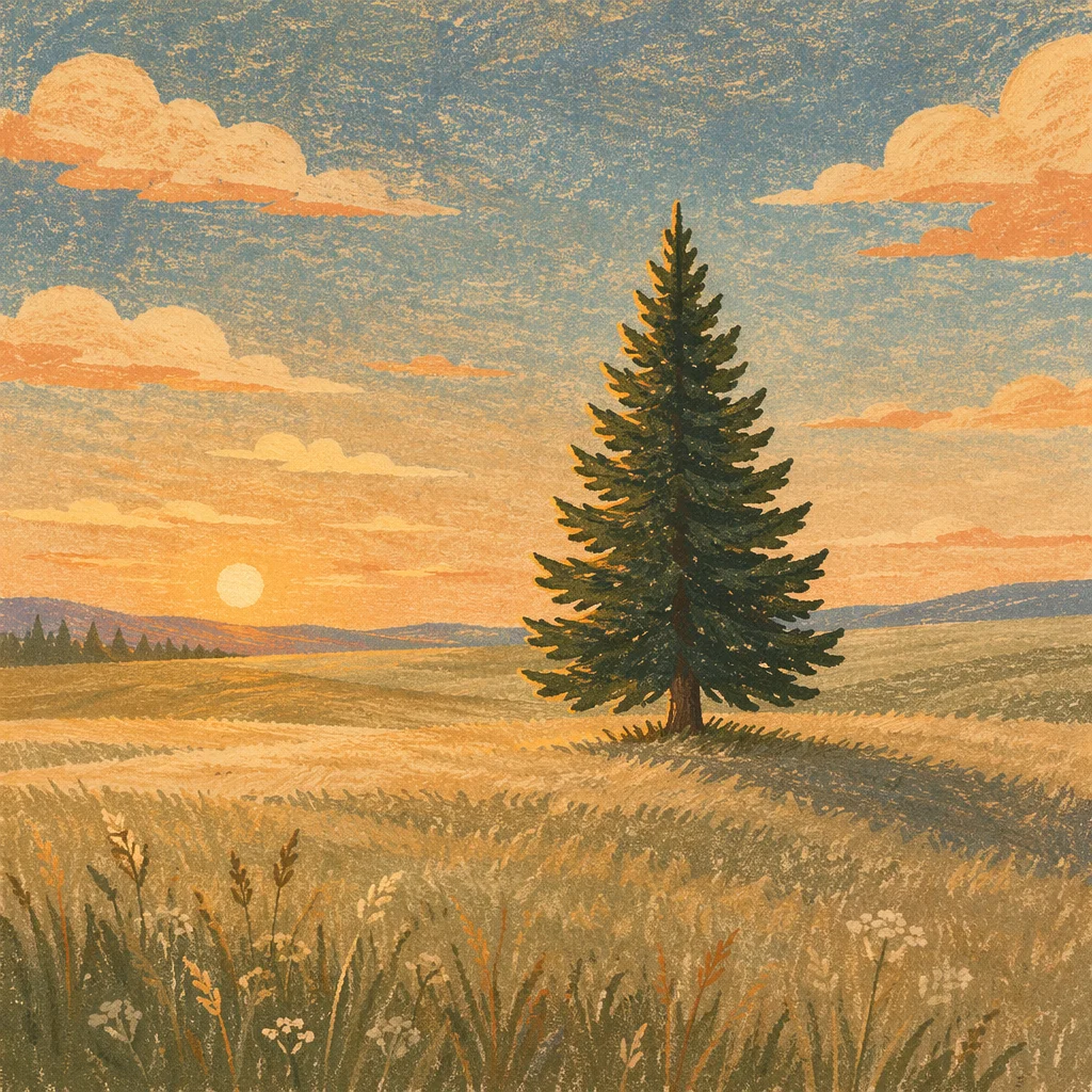 Solitary Evergreen in Golden Hour Field