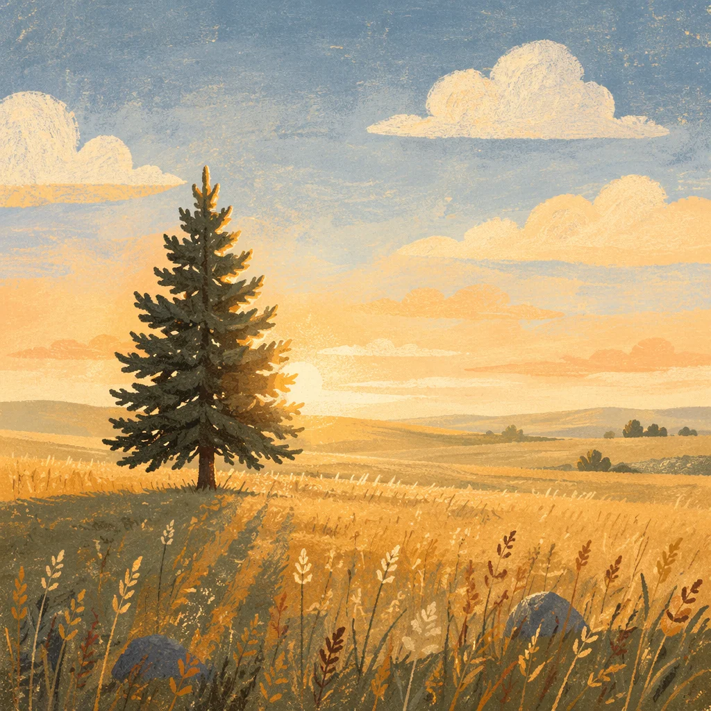 Lone Evergreen Tree at Golden Hour