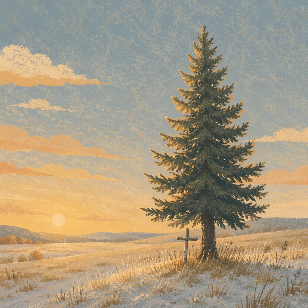 Evergreen Tree with Cross at Golden Hour