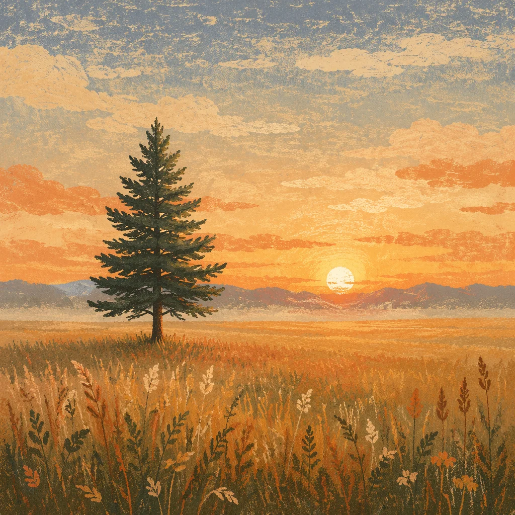 Lone Evergreen Tree in Golden Field