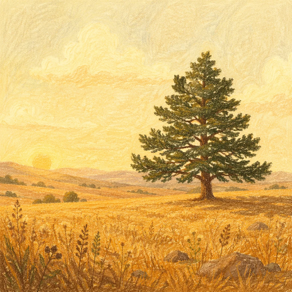 Lone Evergreen Tree in Golden Field